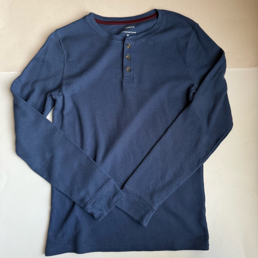 Sonoma Boys Blue Waffle Knit Henley Long Sleeve Shirt - Size XL (Used)